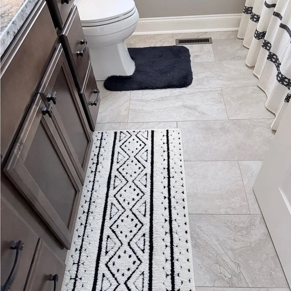 Black and White Shower Curtain with tassels on each end and accessories - Picture 2 of 3